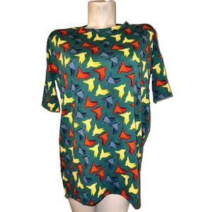 LuLaRoe Irma Top XXS Green Yellow Orange Origami Bird Print Hi-Lo Tunic SS Tunic